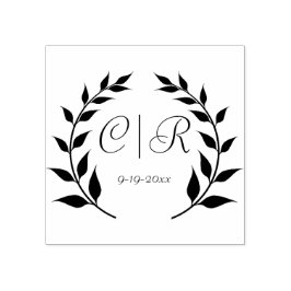 Sello De Caucho Laurel Wreath con Monograma y Fecha Boda