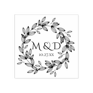 Sello De Caucho Leafy Wreath Monograma Boda