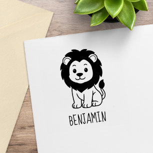 Sello De Caucho León de dibujos animados lindo con nombre personal