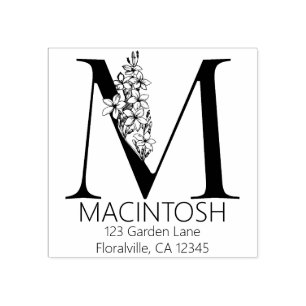 Sello De Caucho Letra floral Head - M - Monograma de dirección de 