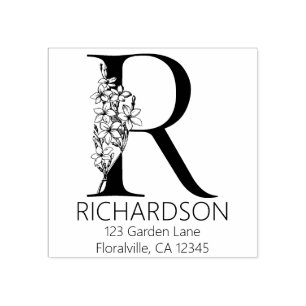 Sello De Caucho Letra floral Head - R - Monograma de dirección de