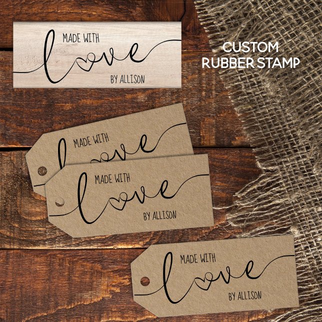 Sello De Caucho Letras de guiones personalizadas hechas con amor (Personalized "Made With Love" rubber stamp for your homemade, hand-made gifts and products.)