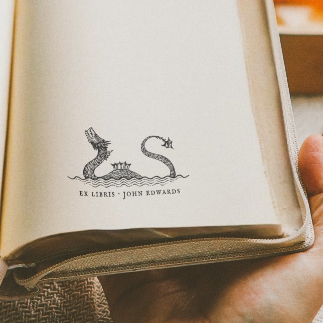 Sello De Caucho Libro Antiguo Ex Libris de Monstruo Marino Mítico (Rubber Stamp Mock-up)