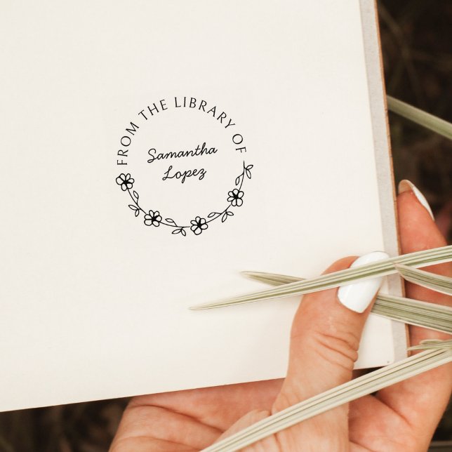 Sello De Caucho Libro de la biblioteca de guiones florales redondo (Subido por el creador)