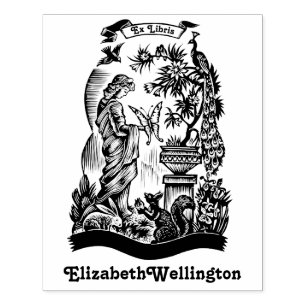 Sello De Caucho Libro Peacock, Lady, Butterfly, Rabbit Ex Libris