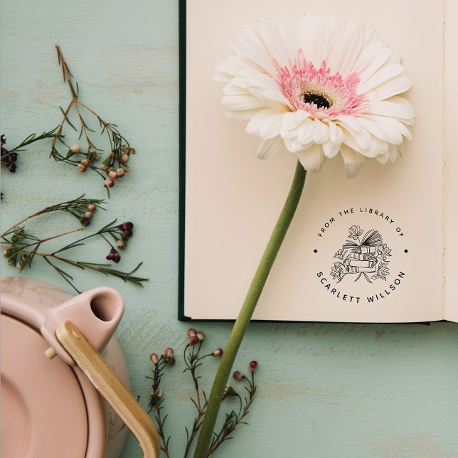 Sello De Caucho Libros dibujados a mano Flores Personalizado Bibli (Subido por el creador)