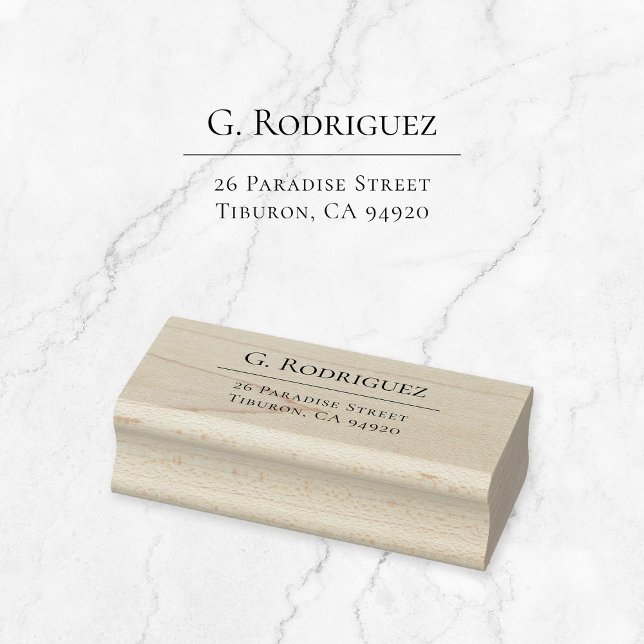 Sello De Caucho Línea De Elegancia Moderna. Typo mínimo. Dirección (Simple, classic, elegant typography wooden return address stamp with fine line, serif font.)