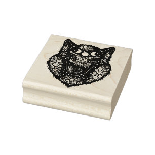 Sello De Caucho Lobo Decorativo Con Flores Y Luna