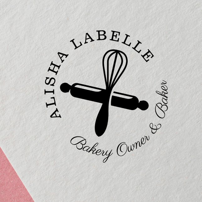 Sello De Caucho Logo Mínimo de Rolling Pin & Whisk Bakery (Minimal Wooden Rolling Pin & Whisk Bakery Logo Self-inking Stamp)