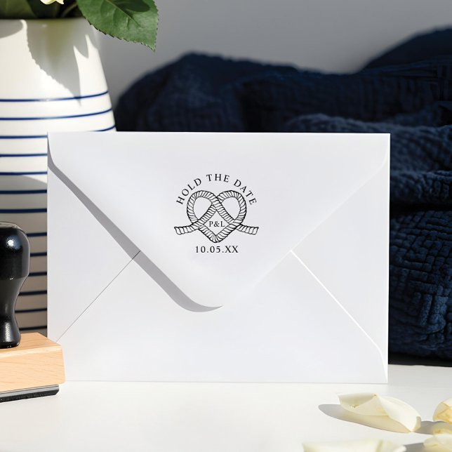 Sello De Caucho Mantener El Boda Náutico Monogramo De Rope Cardíac (Hold The Date Heart Rope Monogram Nautical Wedding Rubber Stamp)