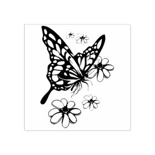 Sello De Caucho Mariposa y flores de monarca