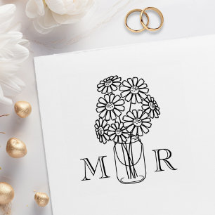 Sello De Caucho Mason Jar Daisy Flowers Boda Monograma Iniciales