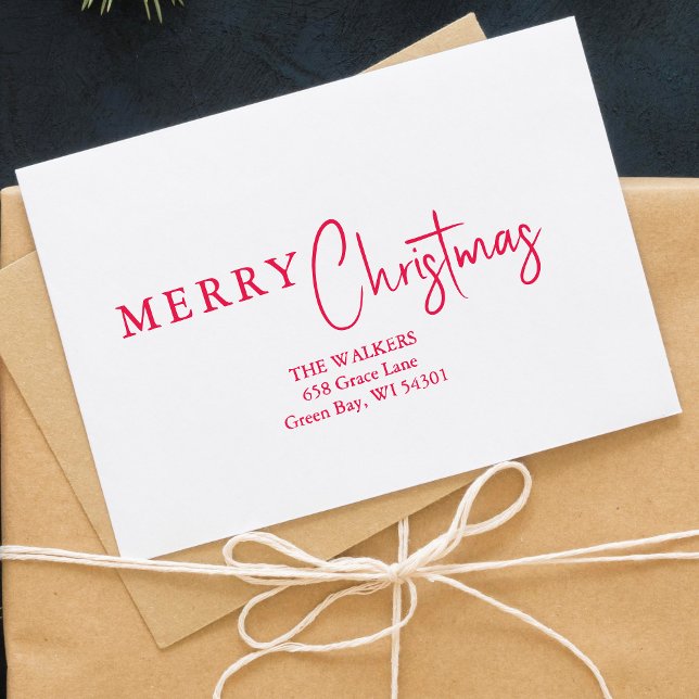 Sello De Caucho Merry Christmas Minimalist Family Address (Merry Christmas Minimalist Family Address Modern Calligraphy Script Rubber Stamp.)