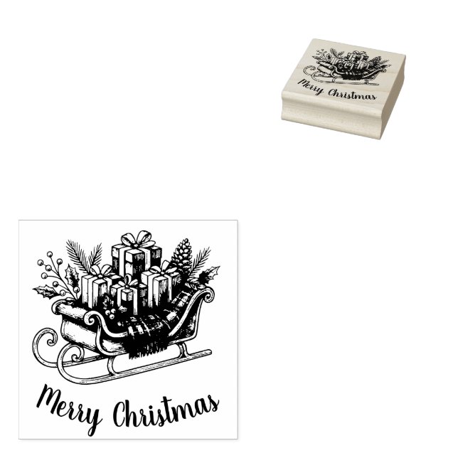 Sello De Caucho Merry Christmas Script Santa Sleigh Holiday (Sellado)