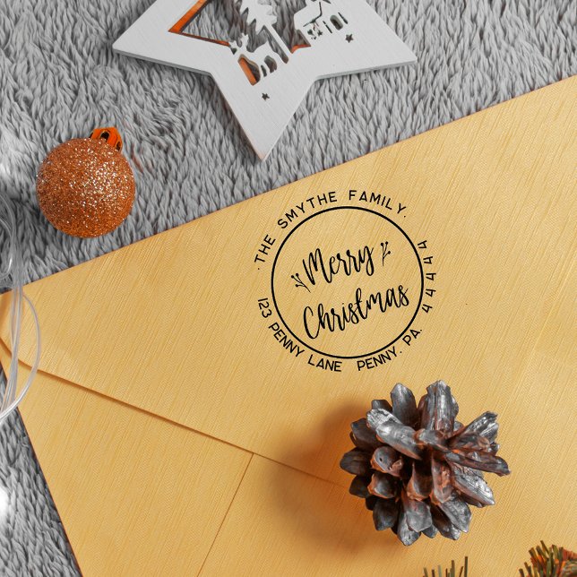 Sello De Caucho Merry Christmas Simple Round Name (Merry Christmas Round Family Name Rubber Stamp
)