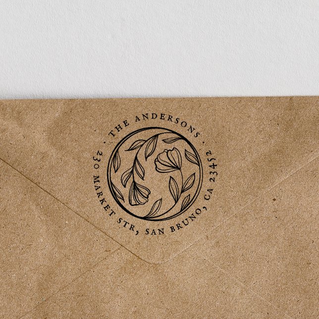 Sello De Caucho Moda Flores redondeadas Nombre de familia y direcc (Stamp Mock-up)