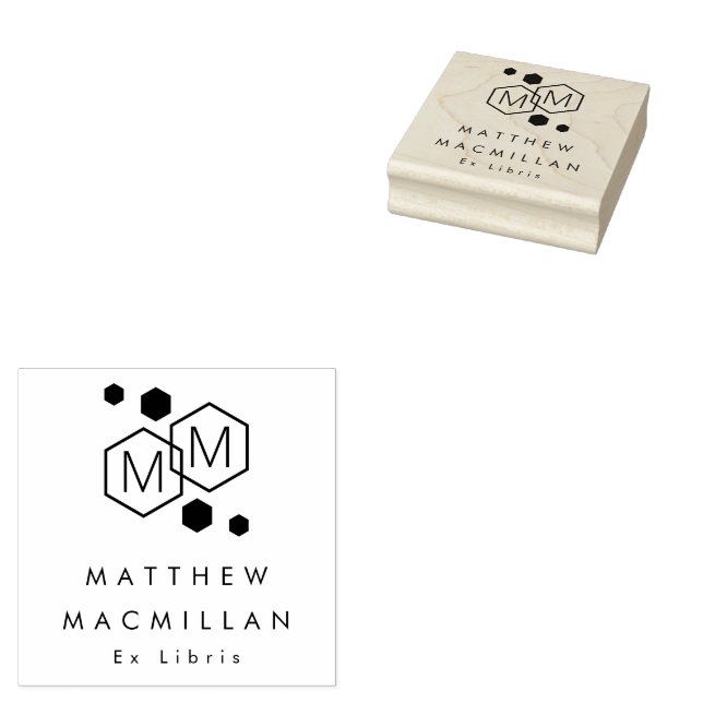 Sello De Caucho Modern geometric hexagons monogram library book (Sellado)