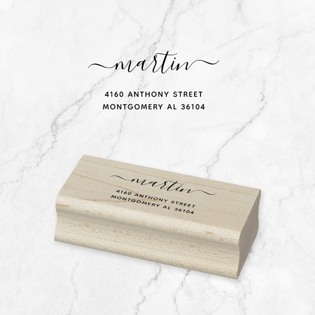 Sello De Caucho Modern Nombre escrito a mano y dirección de devolu (Modern, script calligraphy with swashes wooden return address stamp. Basic typography address stamp.)