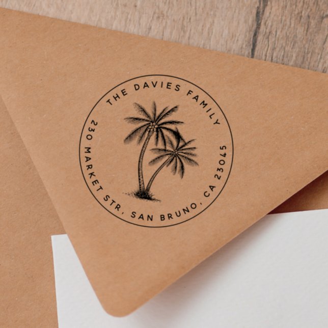 Sello De Caucho Modern Palm Trees Nombre de familia Dirección de d (Rubber Stamp Mock-up)