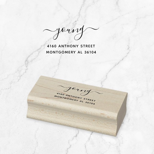 Sello De Caucho Moderno Nombre escrito a mano y dirección de devol (Modern, script calligraphy with swashes wooden return address stamp. Basic typography address stamp.)