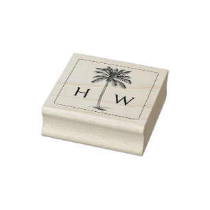 Sello De Caucho Monograma de árbol de palma palmetto en blanco y n