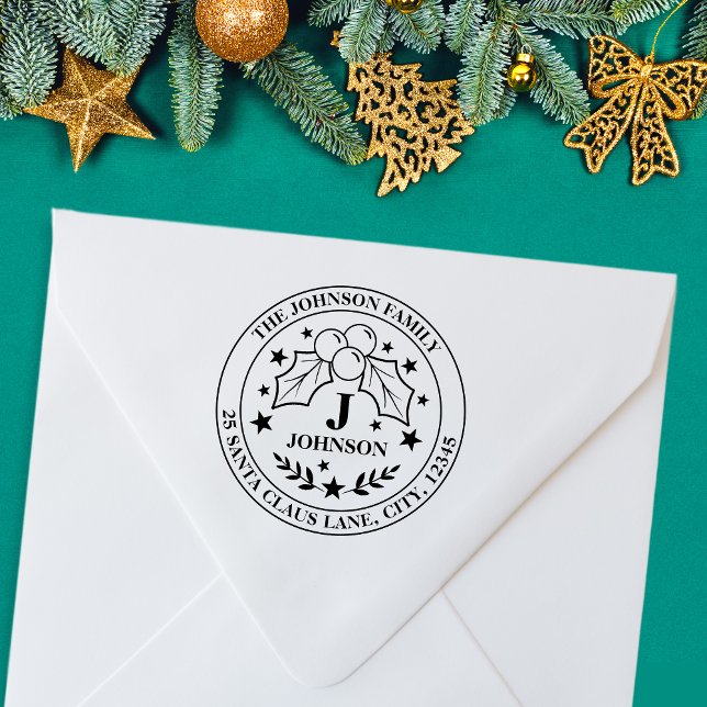 Sello De Caucho Monograma + dirección de Navidades de Holly y Berr (Holly and Berries Christmas Monogram + Address Rubber Stamp)