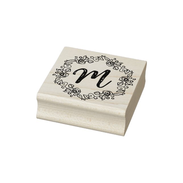 Sello De Caucho Monograma Guión Wreath Calligraphy Wood Art Stamp (Sello)