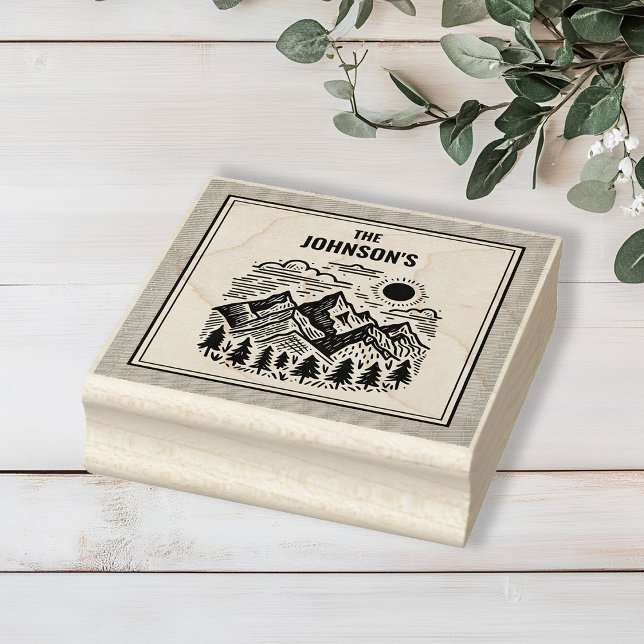 Sello De Caucho Montañas modernas rústicas personalizadas (Modern Rustic Mountains Custom Family Name Rubber Stamp)