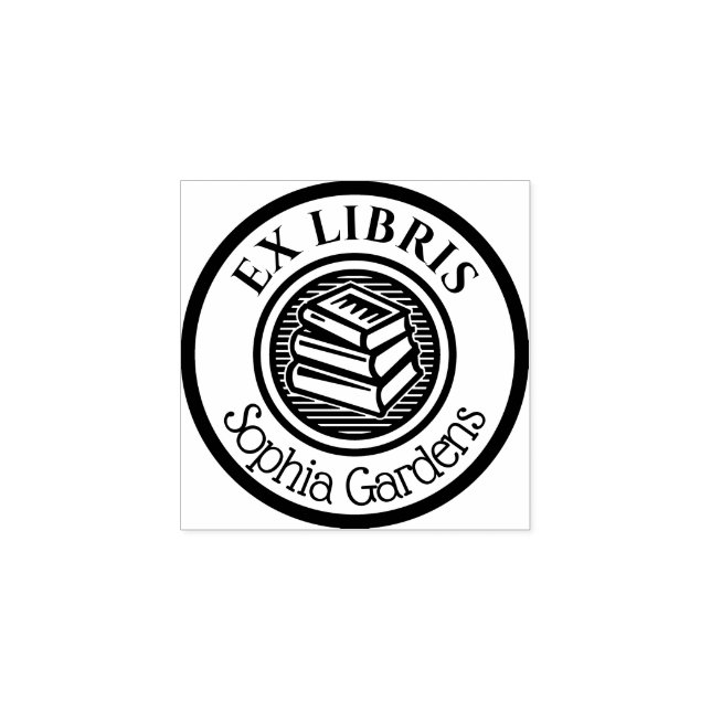Sello De Caucho Motif de libros apilados de Round Ex Libris (Impresión)