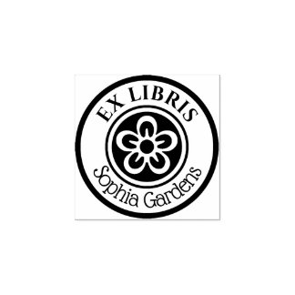 Sello De Caucho Motivo de Flor Ex Libris Redondo (Blanco sobre Neg