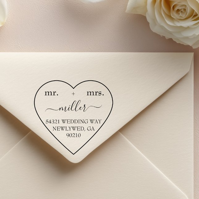 Sello De Caucho Mr and Mrs Trendy Heart Modern Script Typography (mr and mrs heart last name newlywed return address stamp)