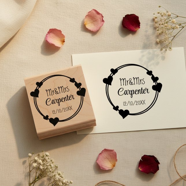 Sello De Caucho Mr&Mrs Names and Wedding Date Romantic Stamp (Romantic wedding stamp with hearts. 💕)