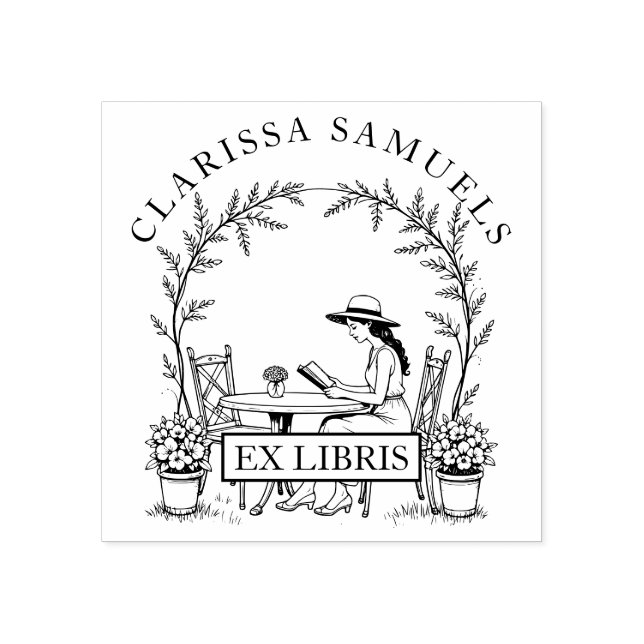 Sello De Caucho Mujer leyendo mesa de jardín Gorra Ex Libris (Impresión)