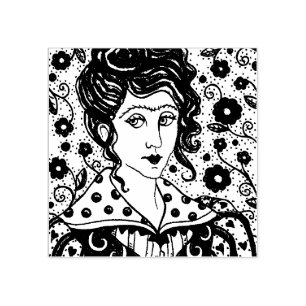 SELLO DE CAUCHO MUJER, RETRATO GÓTICO, ARTE FOLK, FLORES Y VINOS