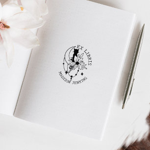 Sello De Caucho Mystic Moon Cat with Flowers, Ex Libris Book