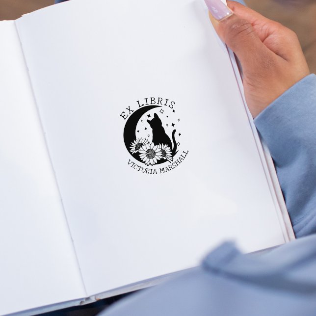 Sello De Caucho Mystic Moon Cat with Sunflowers, Ex Libris Book (Subido por el creador)