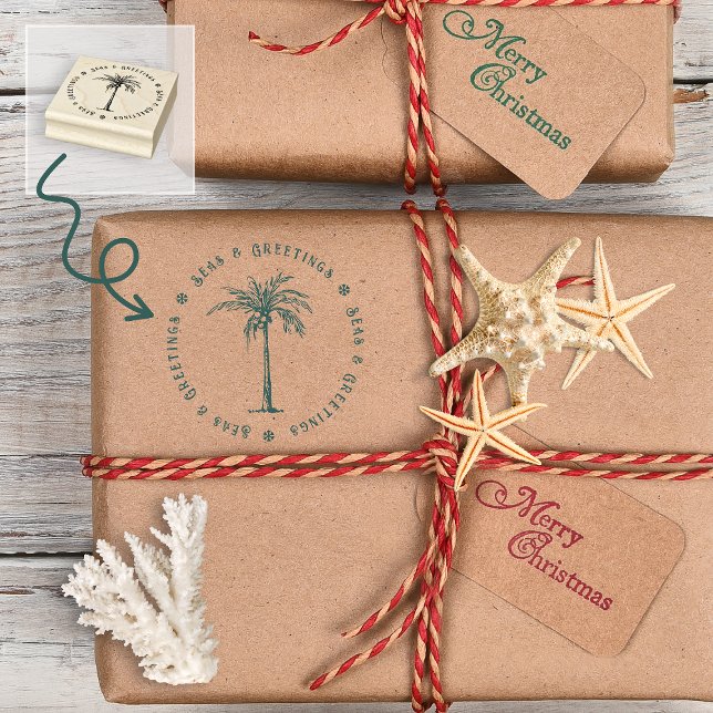 Sello De Caucho Navidades de los Mares Tropicales de Palmeras y Sa (Tropical Palm Tree Seas and Greetings Christmas Rubber Stamp)