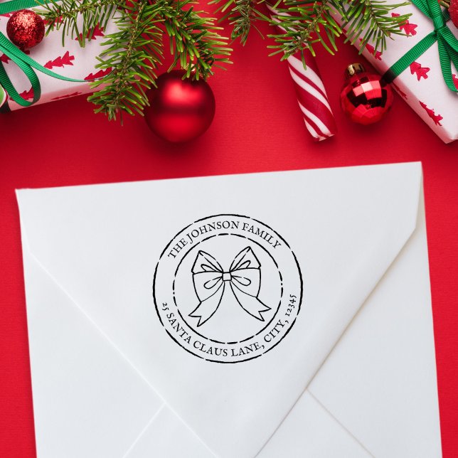 Sello De Caucho Navidades festivos doblan la dirección de devoluci (Christmas Bow Family Emblem Seal + Address Rubber Stamp)