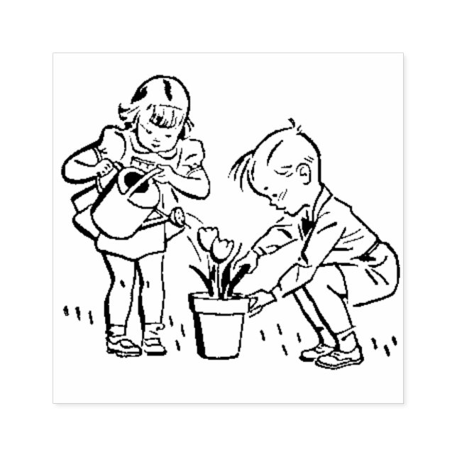 Sello De Caucho Niños retro de los años 50 plantando flores (Impresión)