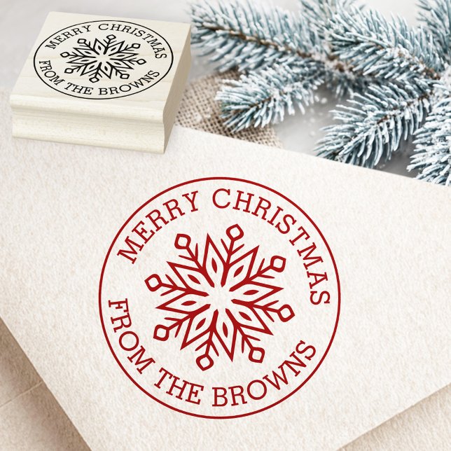 Sello De Caucho nombre de copo de nieve moderno saludo Feliz Navid (Modern snowflake name greeting Merry Christmas Rubber Stamp)