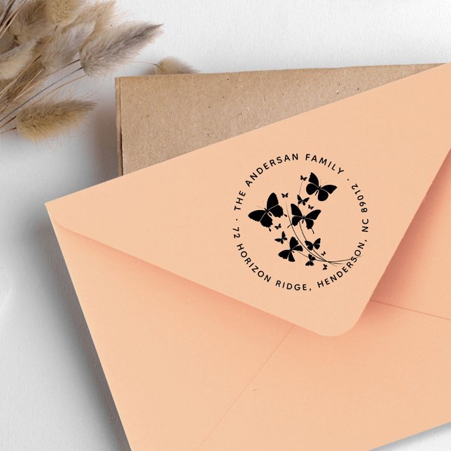 Sello De Caucho Nombre de familia de mariposas hermosas dirección  (Beautiful Butterflies Family Name Return Address Rubber Stamp)