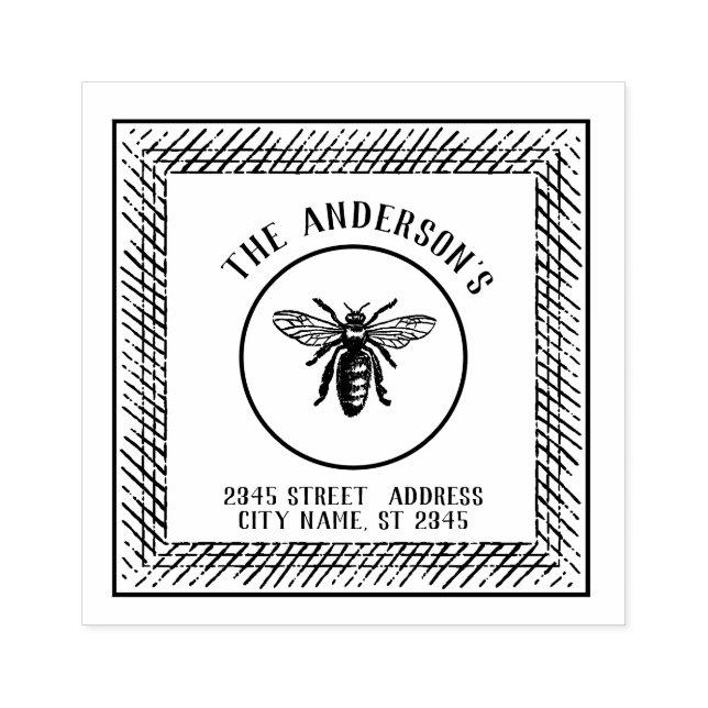 Sello De Caucho Nombre familiar de abeja rústica y elegante de épo (Impresión)