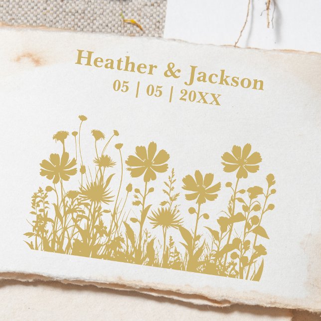 Sello De Caucho Nombres románticos de Bodas de flores silvestres d (Romantic Boho Rustic Wildflowers Wedding Names Rubber Stamp.)