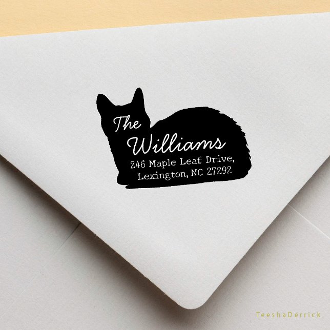 Sello De Caucho Nuestra nueva dirección de devolución de gatos de  (Cute Cat silhouette, Our New House Address Announcement Modern Rustic Round Rubber Stamp)