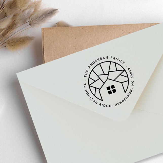 Sello De Caucho Nueva dirección de devolución de raíces de la casa (Art Deco House Trees Family Name Return Address Rubber Stamp)