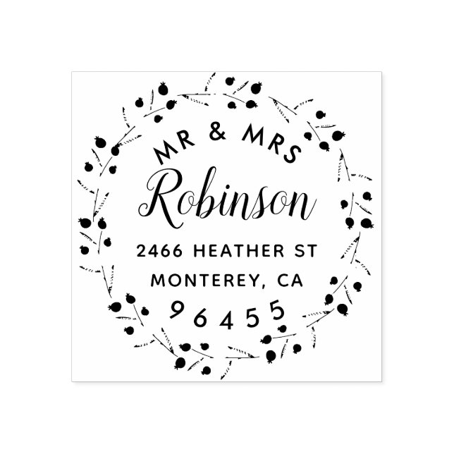 Sello De Caucho Nueva Weds Mr & Mrs Floral Wreath Dirección de dev (Impresión)