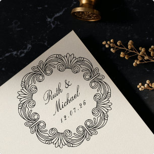 Sello De Caucho Ornate Baroque Desplazamiento Madera Boda Fecha