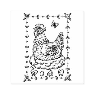 Sello De Caucho PAÍS HEN, NEST, EGG, CHICK FOLK BORDE ARTE lindo