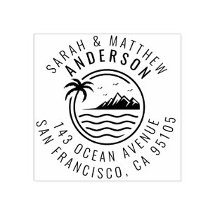 Sello De Caucho Palm Tree, Mountain & Ocean Married Pareja Direcci