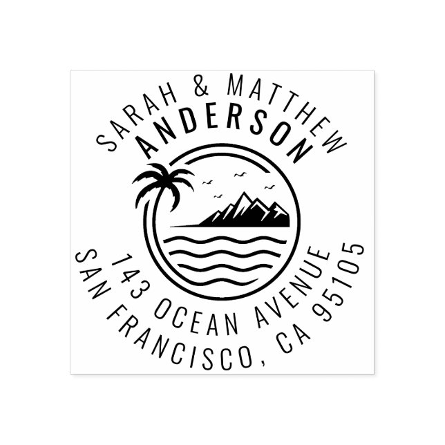 Sello De Caucho Palm Tree, Mountain & Ocean Married Pareja Direcci (Impresión)